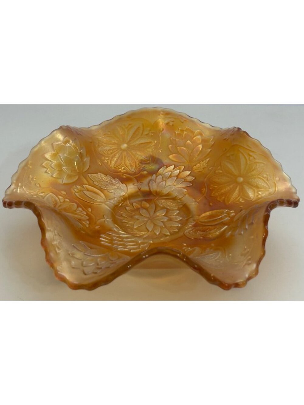 Fenton Carnival Glass Footed Dish Floral Marigold Iridescent Scalloped Edges - Picture 4 of 10